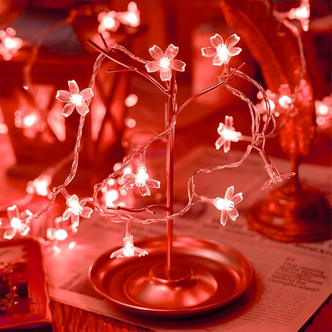 Battery Lighted & USB Plug in Fairy Flower String Lights, 10ft 30 LED Cute Cherry Blossom Lights with Timer Indoor Bedroom Party Wedding Christmas Easter Tree Branch Hanging Decorations (Red)