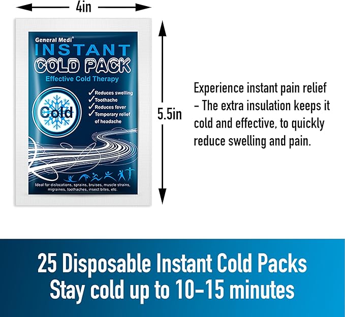 General Medi Instant Ice Cold Pack (4”x 5.5”) – 25 Packs Disposable Cold Therapy Ice Packs for Pain Relief, Swelling, Inflammation, Sprains, Toothache – for Athletes & Outdoor Activities