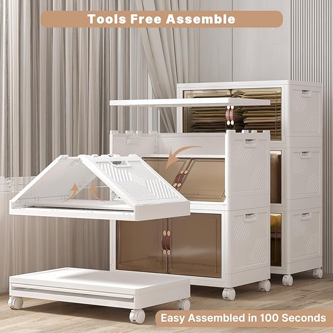 Extra Large Stackable Storage Binswith lids & Wheels, Foldable Collapsible Closet Organizers,672QT-168QT/42GAL*4Pack Plastic Containers with door & drawers for bedroom Dorm