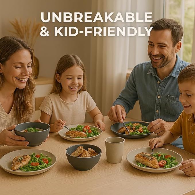 Fern & Soul Wheat Straw Dinnerware Sets, Dish Set for 8, 24 pcs with Storage Bag. Unbreakable, Dishwasher Safe, Kitchen Plastic Plates Bowls Sets, College Dorm, RV Camping Dishes Plate Set (Beige)