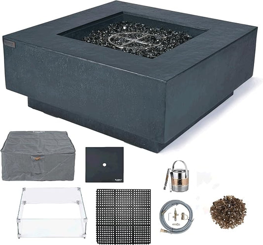 Elementi+ | Bundle Bergen Gas Fire Pit Cast Concrete 40" Square Fire Table, Outdoor Fire Pit Electronic Ignition | Canvas Cover, Fire Glass and Burner Lid Included | Dark Gray | Natural Gas