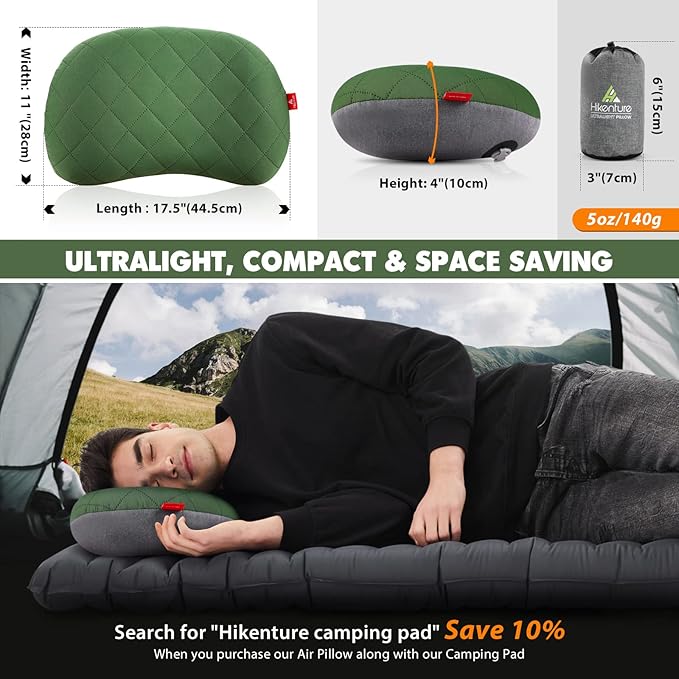 Hikenture Camping Pillow Inflatable, Washable Backpacking Pillow for Sleeping, Ultralight Blow Up Pillows with Removable Cover, Portable&Compact Hiking Pillow for Beach, Travel, Outdoor(Green)