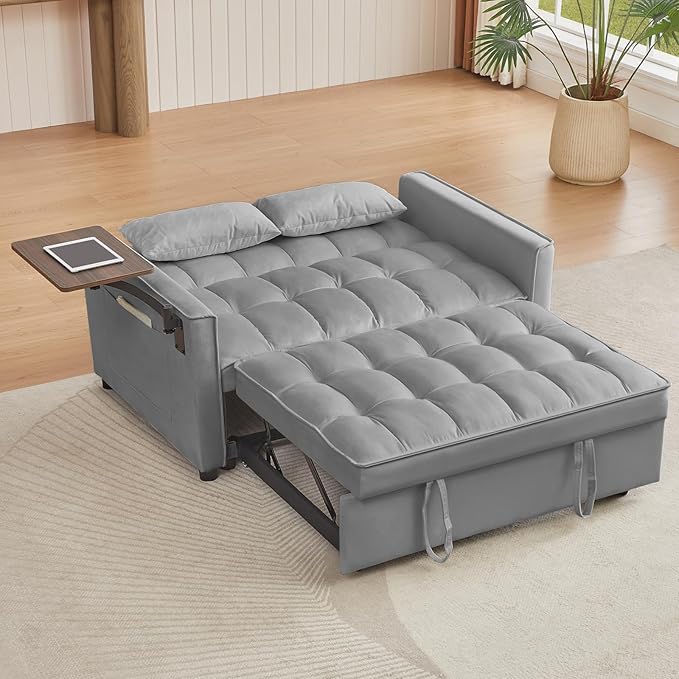 3-in-1 Convertible Sleeper Sofa Bed,Pullout Couch with 360° Swivel Side Table, Modern Chenille Fabric, Easy to Assemble, Folding Loveseat Sofa Bed for Living Room & Guest Room