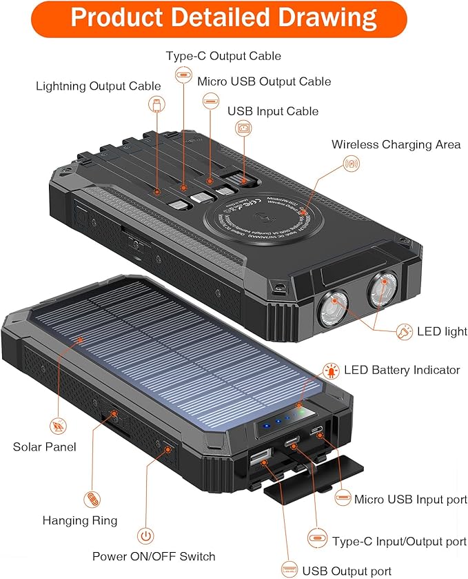 GOODaaa Power Bank Wireless Charger 36000mAh Built in 4 Cables Six Outputs 15W Fast Charging Power Bank for All Mobile Devices Three Inputs Solar Portable Charger with Dual Flashlights, Carabiner