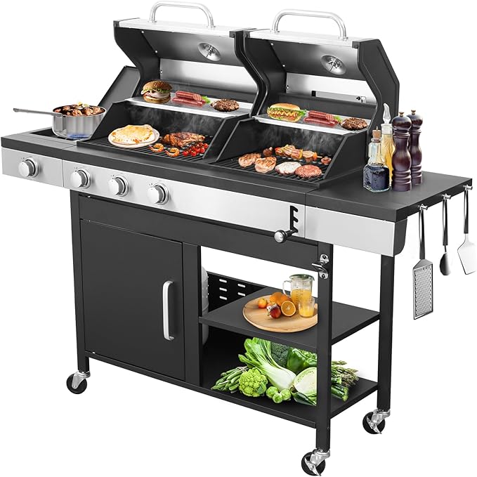 Gas and Charcoal Grill Combo with Side Burner, Dual-sided Frying Plate, Thermometer, Wheels, Side Table, 37,230BTU Gas Grill for Patio, Garden