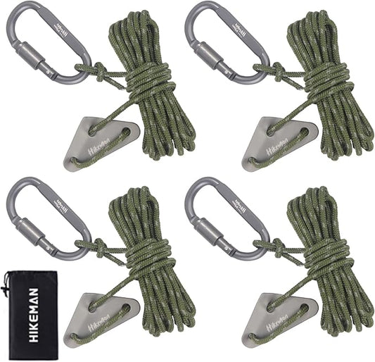 Hikeman 4 Pack Camping Rope with Locking Carabiner Clip,4mm Reflective Guy Lines with Triangular Guyline Adjuster Tensioner,Nylon Cord for Tent Tarp Tie Down,Hiking,Backpacking