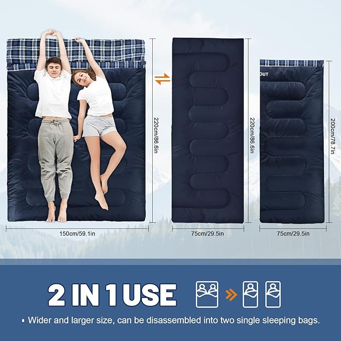 Double Sleeping Bag for Adults Machine Washable 2 Person Camping Sleeping Bag Queen Size Waterproof with Compression Sack for Cold Weather 3-4 Seasons