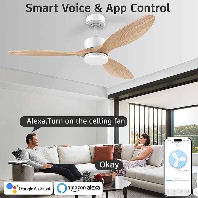 52 Inch Smart Wood Ceiling Fans with light and Remote,Quiet DC Motor,Dimmable,Control with Alexa Google Voice App WIFI,Outdoor Indoor Modern Ceiling Fan for Bedroom Patio
