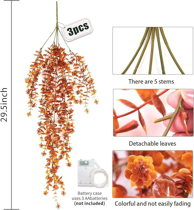 Fall Artificial Hanging Plants Artificial Fall Flowers Faux Autumn Plants Faux Hanging Plants Artificial Plants Fake Plants with Lights for Thanksgiving Indoor Outdoor Wedding Garden Party (Brown)