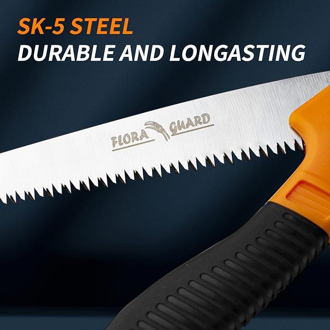 FLORA GUARD 7.7-Inch Folding Hand Saw, Pruning Saw with Trible-Cut Razor Teeth for Wood Cutting, Tree Trimming, Professional Camping Gardening Tools (Orange)