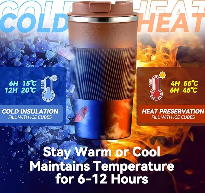 12OZ Travel Coffee Mug Insulated Coffee Cup with Spill Leak Proof Lid, Portable Stainless Steel Tumbler Reusable Hot and Cold Water Mug for Car, Daily, Camping- Coffee
