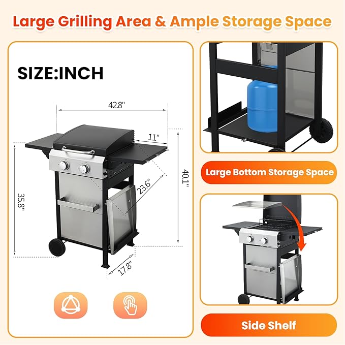 2-Burner Propane Gas BBQ Grill with Porcelain-Enameled Cast Iron Grates, Baking Sheet, 2 Foldable Side Tables, 24,600 BTU Stainless Steel Grill for Outdoor Camping Barbecue Grilling Backyard Cooking