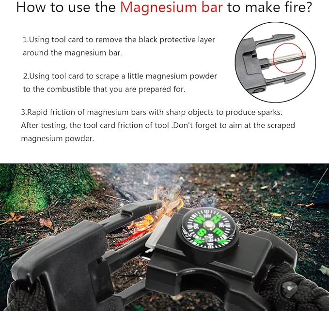 20 in 1 Survival Paracord Bracelet Adjustable Gear Kit with SOS LED Light, Fire Starter, Bigger Compass, Survival Whistle, Perfect for Camping, Hiking, Fishing