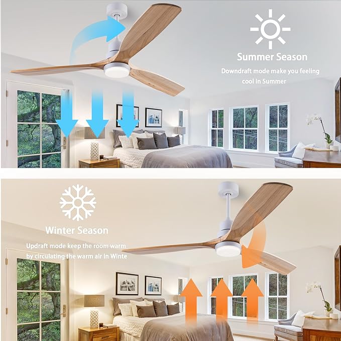 56" Wooden Ceiling Fans with Lighted Remote Control, Indoor Outdoor Wooden Ceiling Fan, Outdoor Modern Ceiling Fan with 3 Fan Blades for Patio, Living Room, Bedroom, Farmhouse etc.…