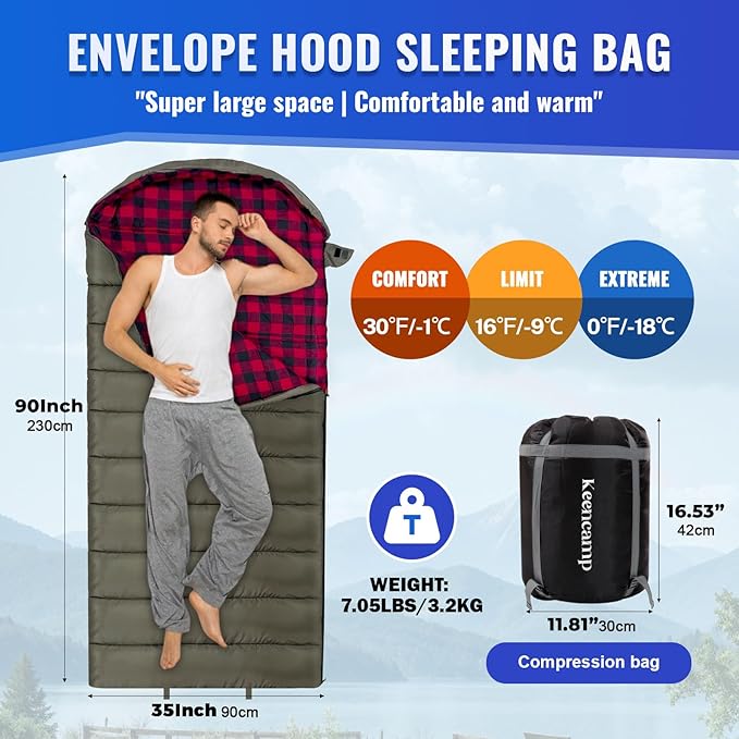 0 Degree Sleeping Bag Cotton Flannel Winter Cold Weather for Adults XXL Sleeping Bag 4 Season Big and Tall with Pillow Compression Sack