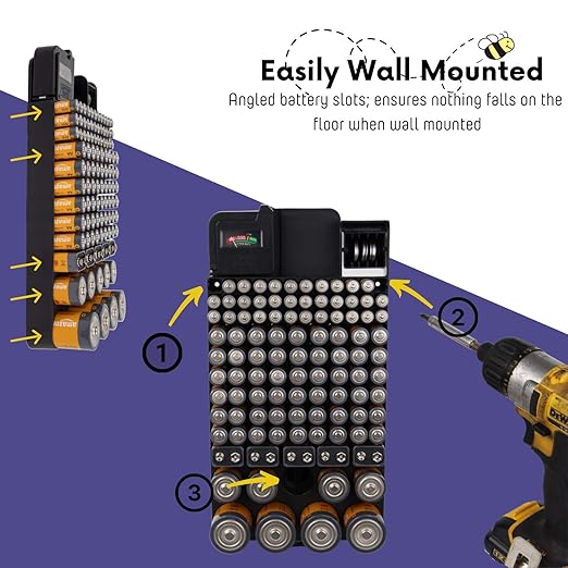 Bee Neat Battery Organizer and Storage Case with Tester - Battery Storage Box for Wall or Drawer - Max. 114 Batteries AA, AAA, 9Volt, C, D & Watch Batteries