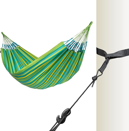 La Siesta® Large Double Brisa Classic Hammock & Tree Mount, Trees Beams Posts Suspension Kit, Indoor Outdoor Hammock Swing, Weather Resistant, Lime