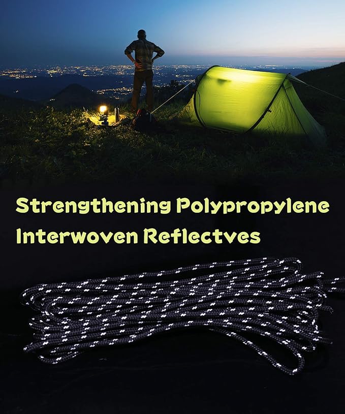 Hikeman 10 Pack 4mm Camping Rope Reflective Outdoor Guy Lines with Aluminum Guyline Adjuster Tensioners Nylon Tent Tie Downs for Hiking Backpacking Tarp,Canopy Shelter (White)