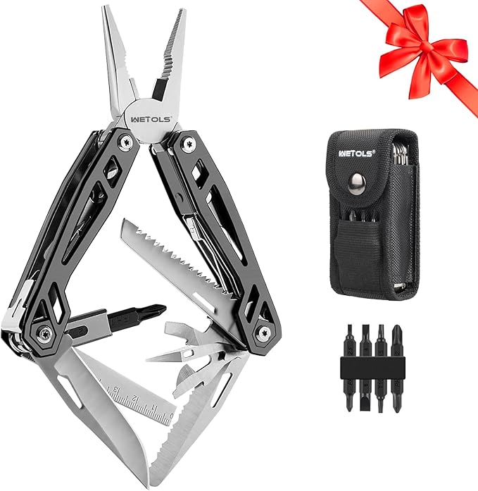 Gifts for Men Him Dad, WETOLS 21-in-1 Multitools with Pocket Knife, Stainless Steel Self-locking Pliers with 8 Screwdriver Bits, Multi Tool Camping Gear, EDC Knife with Pouch for Outdoor Survival