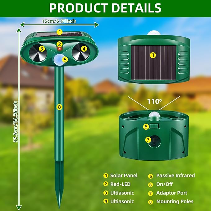 4 Pack 2025 Ultrasonic Solar Animal Repellent Outdoor, Squirrel Fortress Pro Deer Repellent Devices Motion Detection,Waterproof Repeller for Cat Mouse Raccoon Dog Rabbit,Garden Yard Protection