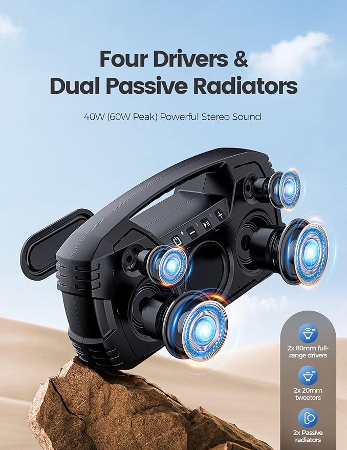 IPX7 Waterproof Bluetooth Speaker, 40W(60 Peak) Portable Wireless Speakers with Subwoofer, 32H Playtime, Stereo Loud Sound, Deep Bass, Bluetooth 5.0 with Handle for Pool, Beach, Outdoor, Gifts