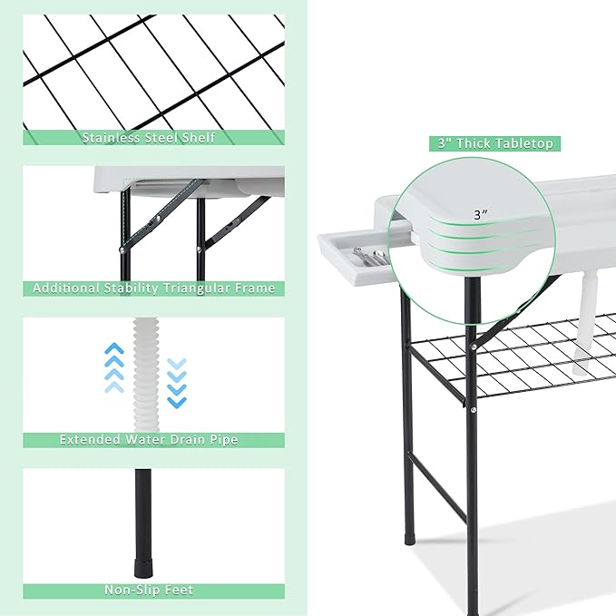 AHB 42'' Outdoor Fish Cleaning Table Portable Camping Sink Station with Double Sinks, Collapsible Swivel Faucet, Picnic Sink Table with 6pc Fish Cleaning Kit for Picnic Beach Patio