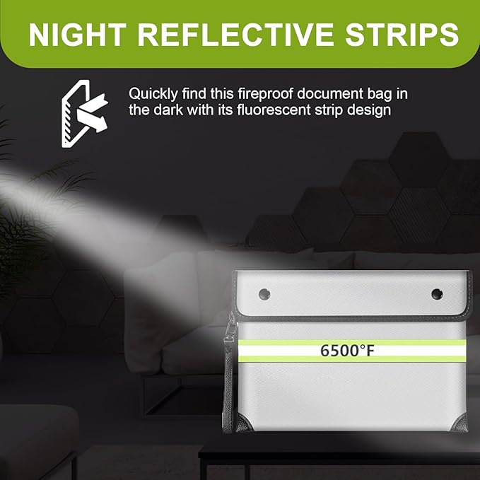 Fireproof Money Bag,6500°F Fireproof Waterproof Zipper/Reflective Strip,10 Layers of Heat Insulated Materials,Fireproof Document Bag with Handle for Cash/Important Documents/Valuables