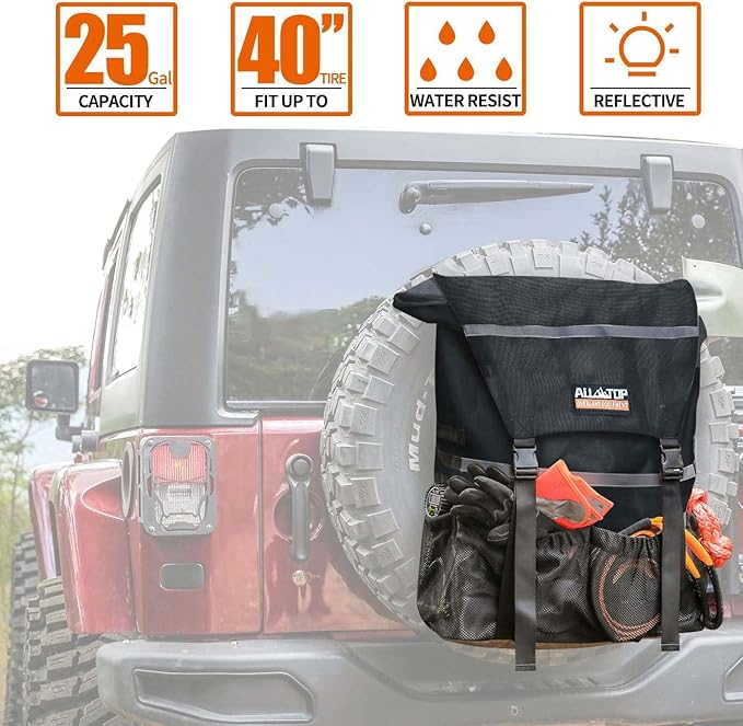 ALL-TOP Spare Tire Trash Bag, Heavy Duty Truck Tailgate Trash Bag, Cargo Storage Bag for Jeep, Truck, SUV or Car, Fit up to 40'' Tire (Carbon Black)