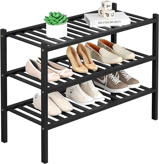 3 Tier Bamboo Shoe Rack for Closet Free Standing Wood Shoe Shelf Storage Organizer for Entryway Small Space Stackable 27"x11"x20" (Black)