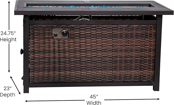 EMMA + OLIVER Ilya Propane Fire Table - Weather Resistant Wicker Base - Steel Top - 50,000 BTU's - Fits Standard Propane Tank (Not Included) - Includes Glass Beads