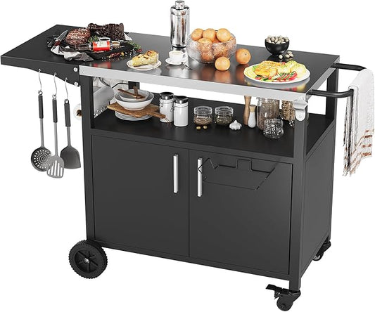 JY QAQA Outdoor Grill Cart with Storage,Patio Kitchen Island Outdoor Grill Table with Wheels,BBQ Cart Movable Pizza Oven Table Stand, Storage Cabinet, Foldable Tabletop, (Black)