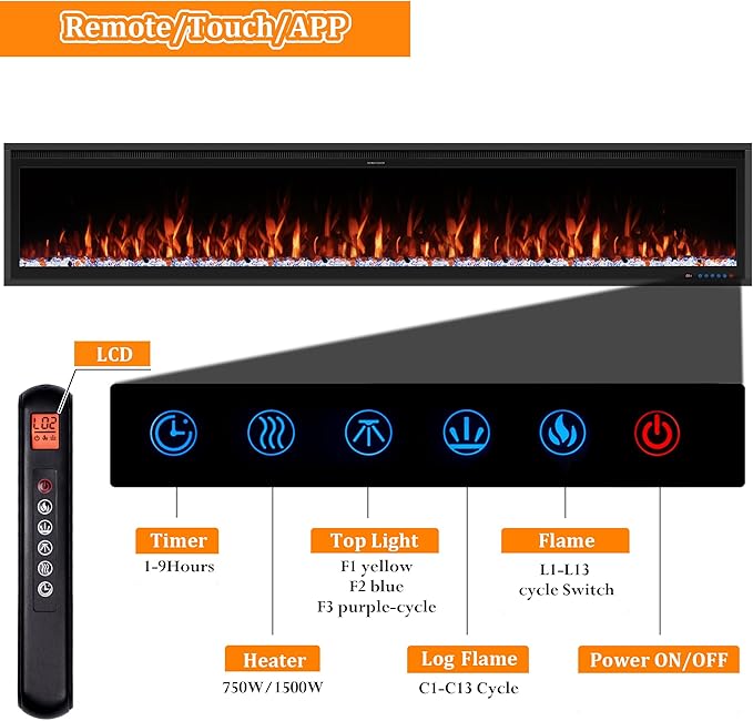 Benrocks 74'' Slim Electric Fireplace Inserts - WiFi-Enabled, Alexa & App Control, Recessed & Wall Mounted, 13 * 13 * 3 Flame Color Combinations, 750W/1500W, Black