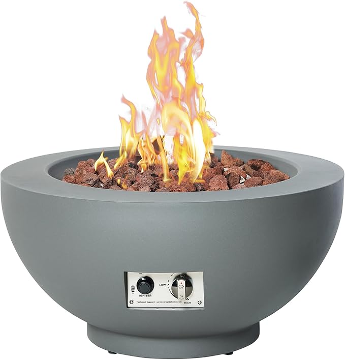 28-Inch Fire Table, 50,000 BTU Oudoor Propane Fire Pit, Patio Round Fire Bowl Gas Fire Pit Fireplace Firepit with Lid, Lava Rocks, Cover, Pre-Attached 10FT Propane Hose, Gray