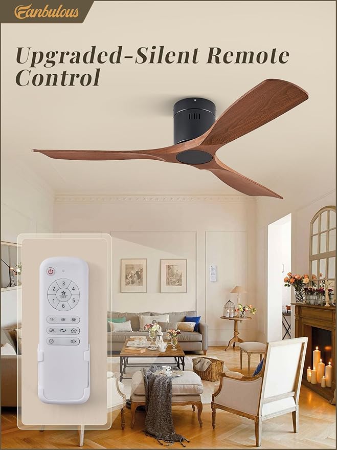 52" Ceiling Fans without Lights, Flush Mount Ceiling Fan with Remote Control Modern,Low Profile Ceiling Fans with 6-Speeds Reversible DC Motor for Patio Living Room Bedroom(Walnut)