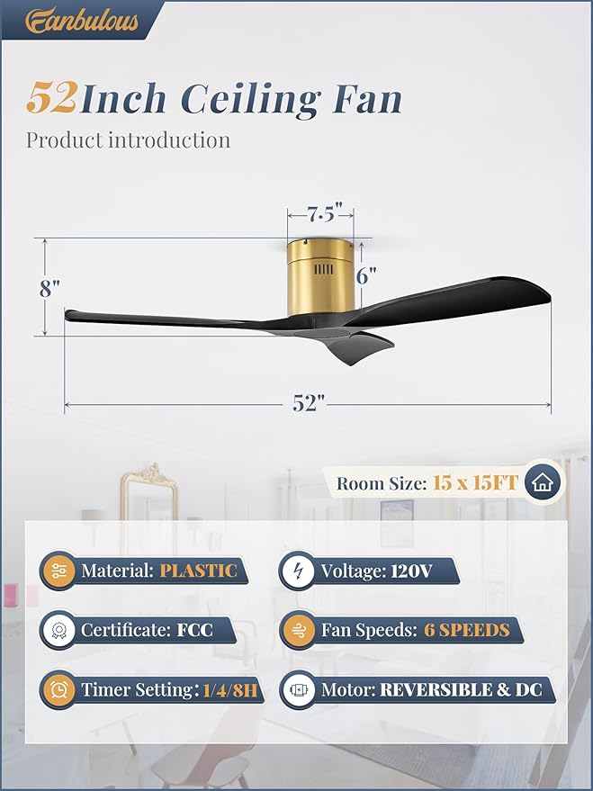 52" Ceiling Fans without Lights, Flush Mount Ceiling Fan with Remote Control Modern,Low Profile Ceiling Fans with 6-Speeds Reversible DC Motor for Patio Living Room Bedroom(Black)