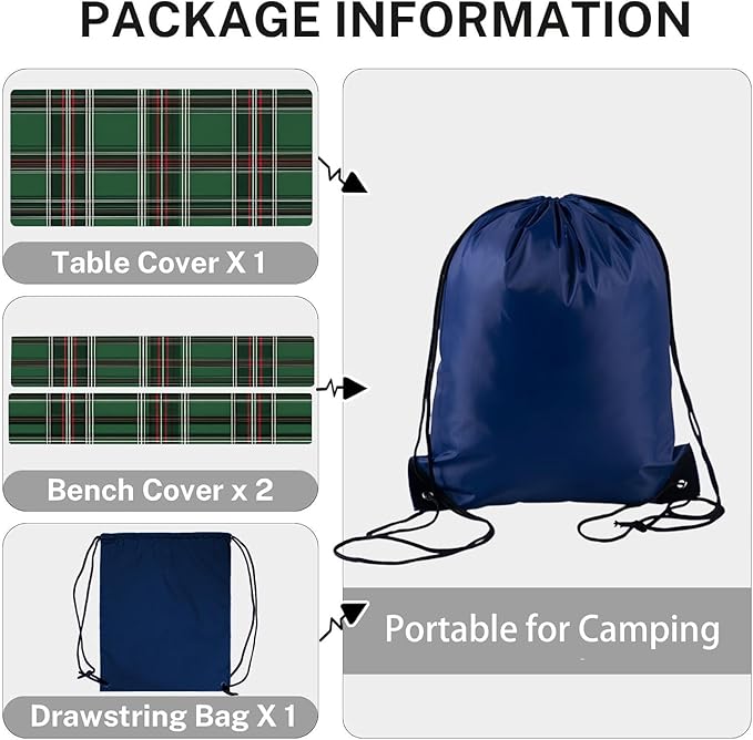 CAPSCEOLL Elastic Picnic Table Cover with Bench Covers 5Ft Waterproof Fitted Picnic Table Cover Cloths for Outdoors Camping Tablecloth with Drawstring Bag, 60X30in, Christmas Green Buffalo Plaid