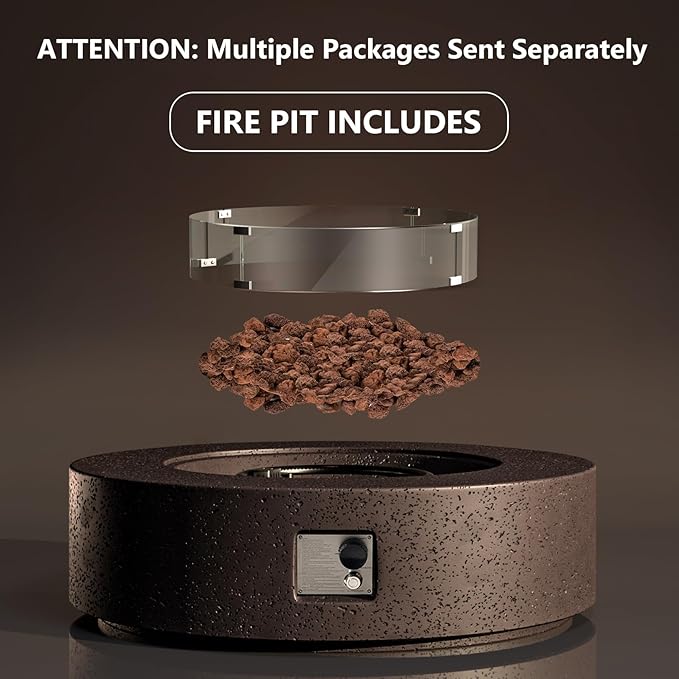 COSIEST 42 inch Outdoor Propane Fire Pit Coffee Table w Concrete Round Base Patio Heater, CSA Certified, 50,000 BTU Stainless Steel Burner, Free Lava Rocks, Wind Guard, Rain Cover