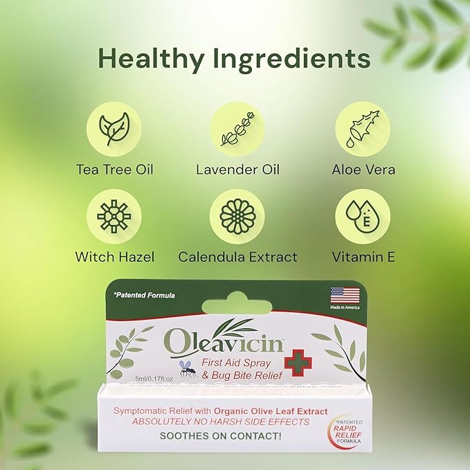 First Aid Spray & Bug Bite Relief - 5 Pack – Organic Olive Leaf Extract | Fast-Acting Relief for Minor Skin Irritations, Bug Bites & Burns | Natural & Clinically Proven | 0.17 oz (5ml)