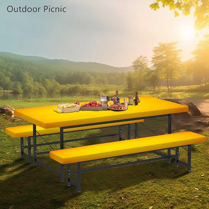 CAPSCEOLL Fitted Picnic Table Cover with Bench Covers with Elastic 8Ft Waterproof Camping Picnic Table Cover Cloths for Outdoors Camping Tablecloth with Drawstring Bag, 96X30in, Fall Yellow