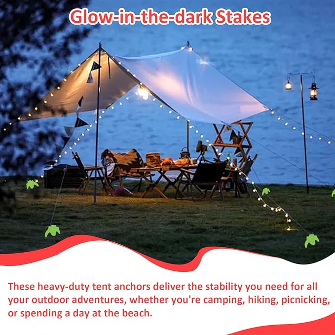 8" Screw in Tent Stakes - 12 Pack Heavy Duty Glow in The Dark Ground Anchors for Camping, Canopy, Awning and Outdoor Use Tent Pegs - Durable Metal Tent Spikes with Hex Head Driver & Storage Box