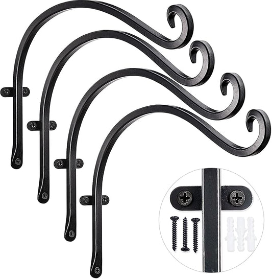 AJART Hanging Plant Hanger Outdoor: 12-Inch Metal Bird Feeder Wall Hooks - 4 Pieces Black Plant Bracket Hook for Hanging Flower Baskets