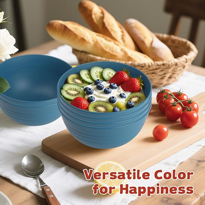 6-piece Wheat Straw Bowls sets 26oz,Alternative Plastic Bowls Reusable for indoors and outdoors,Microwave-able and Dishwasher Safe Bowls Sets Easy to Clean.Blue Series