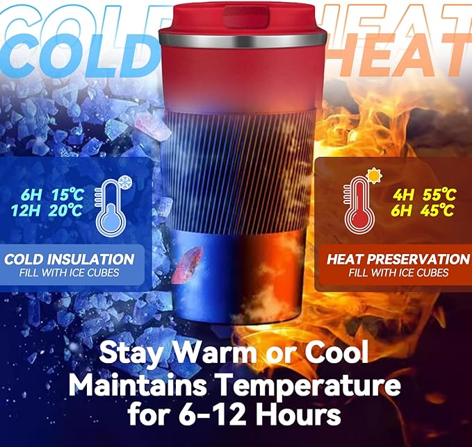 12OZ Travel Coffee Mug Insulated Coffee Cup with Spill Leak Proof Lid, Portable Stainless Steel Tumbler Reusable Hot and Cold Water Mug for Car, Daily, Camping- Red