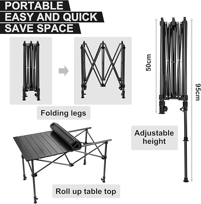 Night Cat Camping Table with Storage Basket Foldable Picnic Table for Outdoor Indoor Lightweight Rustless Adjustable Height 1.7-3ft BBQ Garden Backyard 75KG 37x22in