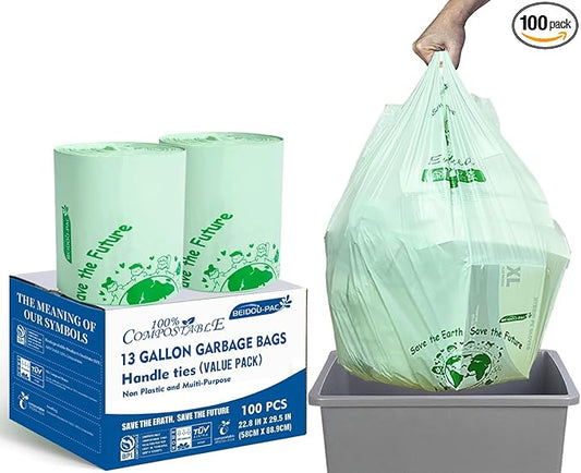 Compostable 13 Gallon Trash Bags, Tall Kitchen Garbage Bags with Handle, Sturdy Biodegradable Compost Bags, 100 Count, US BPI Certified