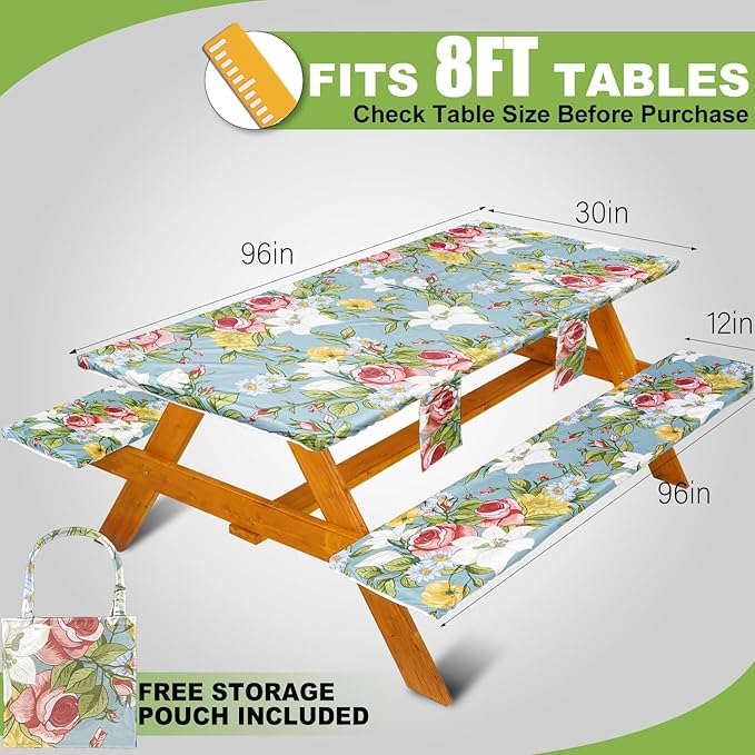 Fitted Picnic Table Cover with Bench Covers Set, Waterproof Lightweight Rectangle 96in Folding Table Cloths Canopy Shade Slipcover Cool Unique Fun Camping Gift for Camper Women Men Family Rv Owners