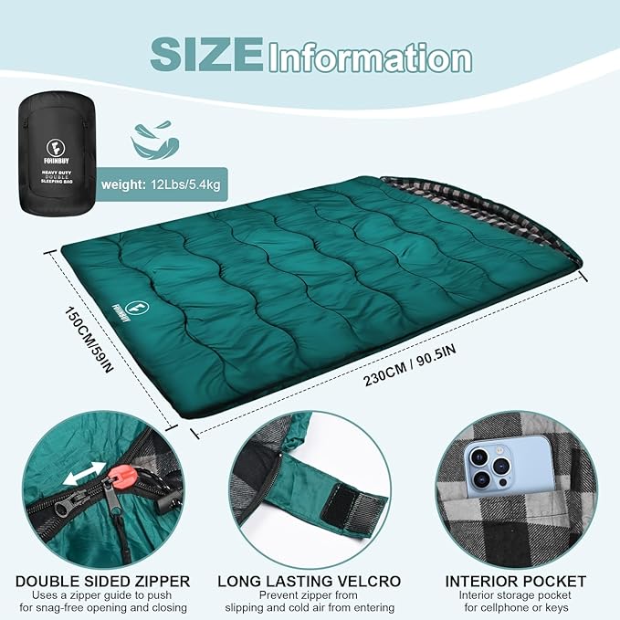 0 Degree Flannel Double Sleeping Bag for Adults, Couples or Family - Winter Queen Size Waterproof & Warm 2-Person Sleeping Bag for Cold Weather Camping, RV Travel