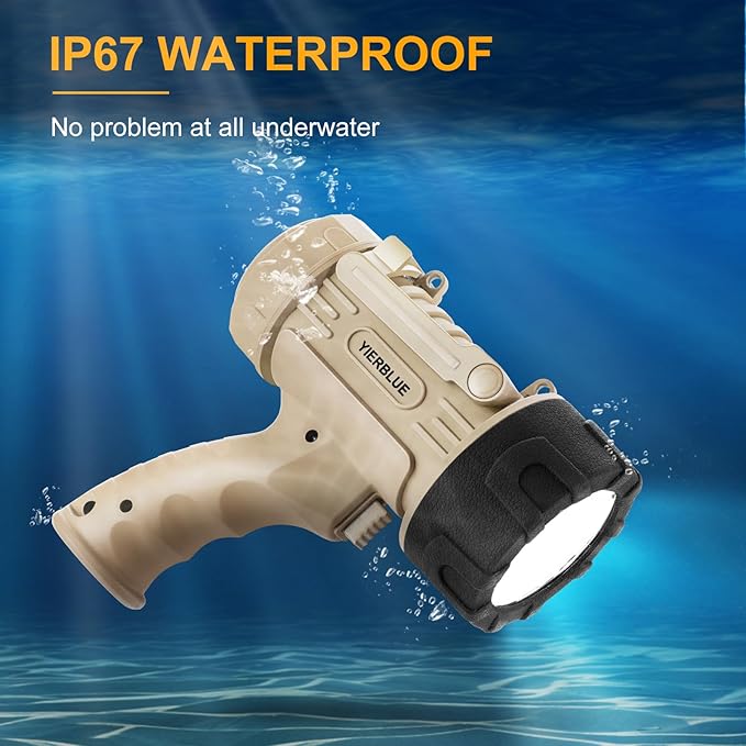 YIERBLUE Rechargeable Spotlight Flashlight with 99,000 High Lumen LED, IP67 Waterproof Long Running Spot Light searchlight, Impact Resistant Handheld Spotlight with Foldable Stand and Red Lens