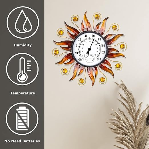 Indoor Outdoor Thermometer, Sun Wall-Mounted Thermometer with Humidity, Easy to Read Decorative Outside Thermometer for Patio, Garden, No Require Batteries