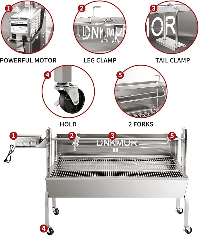 Rotisserie Grill Stainless Steel Charcoal Spit Roaster, 50" Pig Lamb Hooded Roaster Charcoal Spit with 30W Motor & Adjustable Height Lockable Casters for Outdoor Camping Party, Rated 150 LB